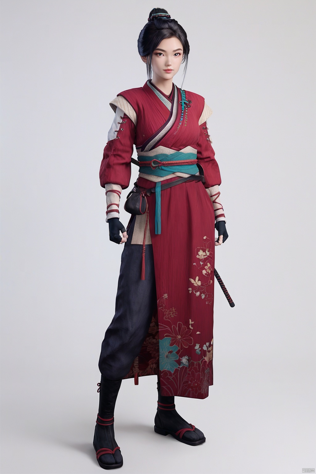 score_9,score_8_up,score_7_up, highly detailed digital, realistic,
sheath, japanese clothes, red kimono, gloves, fingerless gloves, long sleeves, boots, simple background, white background, full body, standing, looking at viewer,