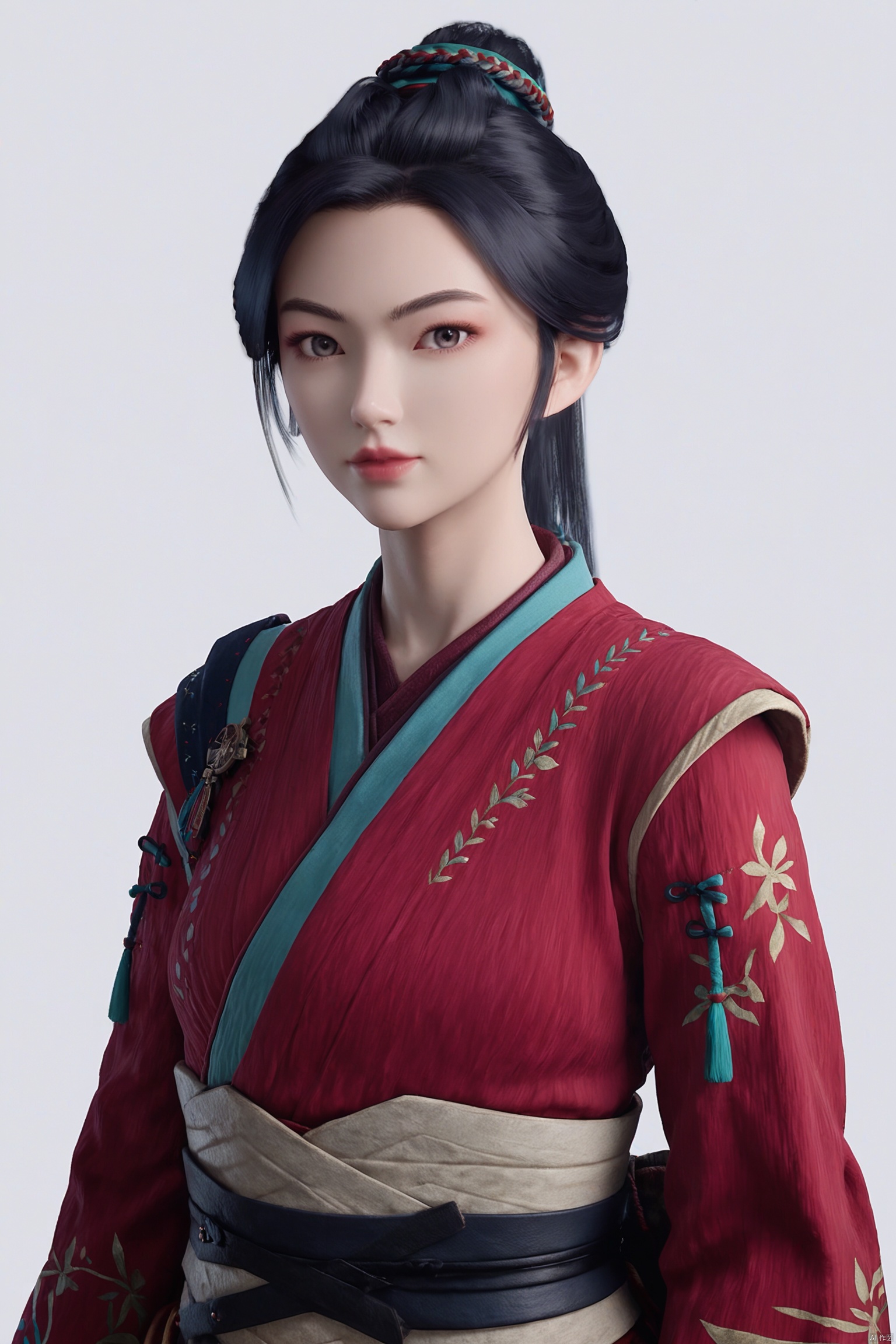 score_9,score_8_up,score_7_up, highly detailed digital, realistic, masterpiece, best quality, 
 1girl, solo,sheath, japanese clothes, red kimono, long sleeves, simple background, white background, upper body, standing, looking at viewer,