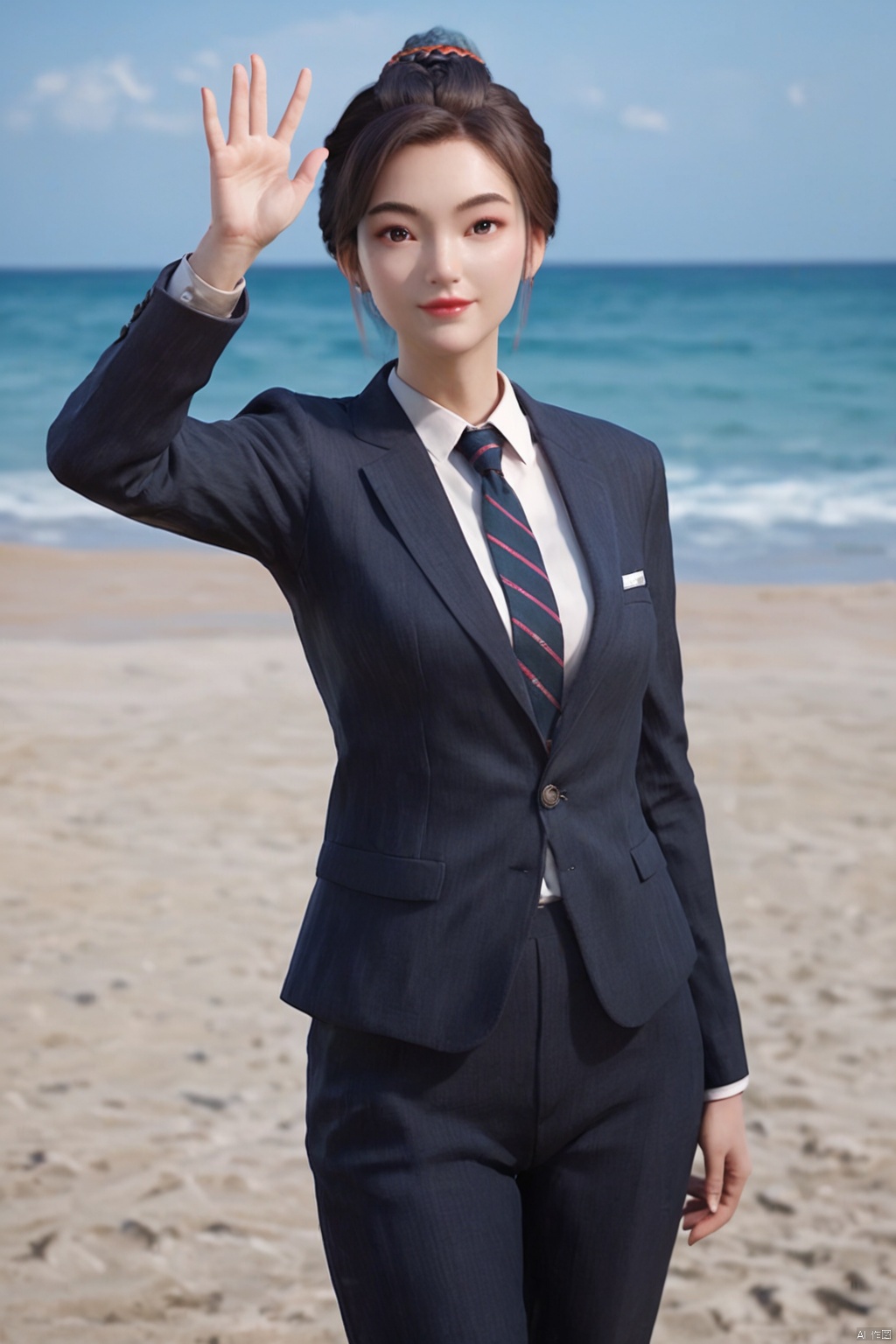 score_9,score_8_up,score_7_up, highly detailed digital, realistic,
 1girl, solo, waving, closed mouth, (suit1.2),cowboy shot,beach,