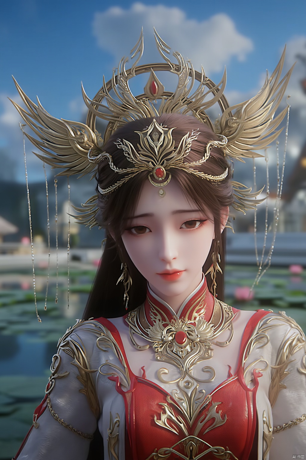 1girl, solo, breasts, looking at viewer, brown hair, black hair, hair ornament, dress, cleavage, jewelry, big breasts, upper body, earrings, parted lips, chinese clothes,Xdajisi,(Lotus, lotus pond, ancient Chinese architecture, blue sky and white clouds:1.29),,XhuolingerXjinpinger,Xluxueqi,Xtifa,Xyuanyao,Xhuijin