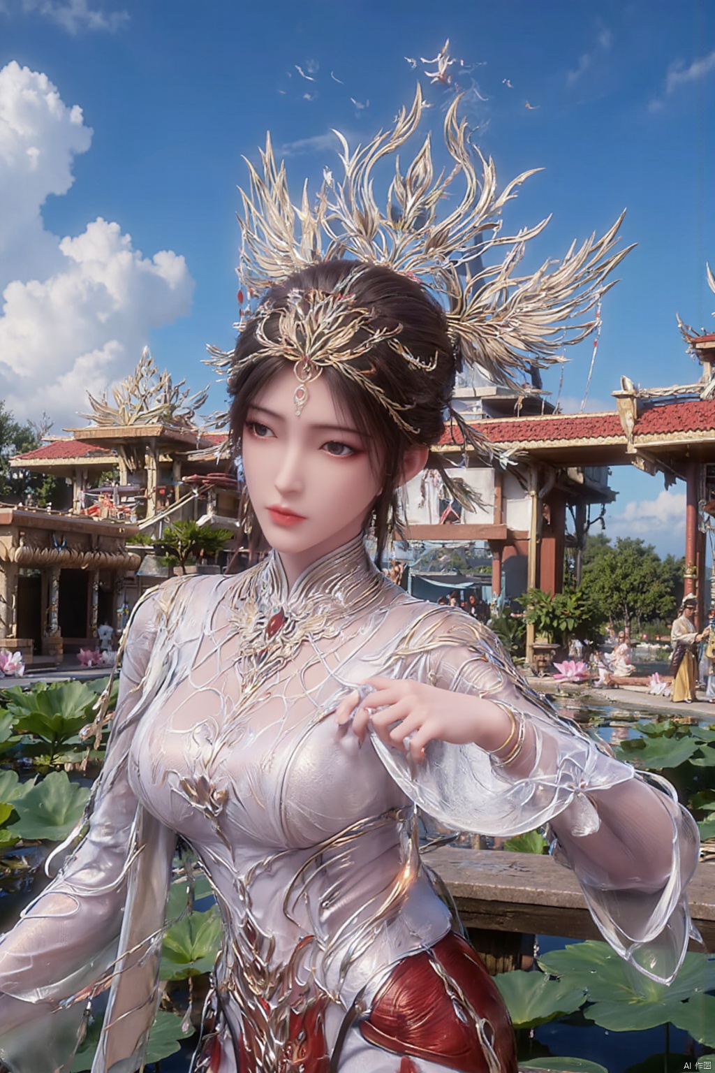 1girl, solo, breasts, looking at viewer, brown hair, black hair, hair ornament, dress, cleavage, jewelry, big breasts, upper body, earrings, parted lips, chinese clothes,Xdajisi,(Lotus, lotus pond, ancient Chinese architecture, blue sky and white clouds:1.29),,XhuolingerXjinpinger,Xluxueqi,Xtifa,Xyuanyao,Xhuijin
