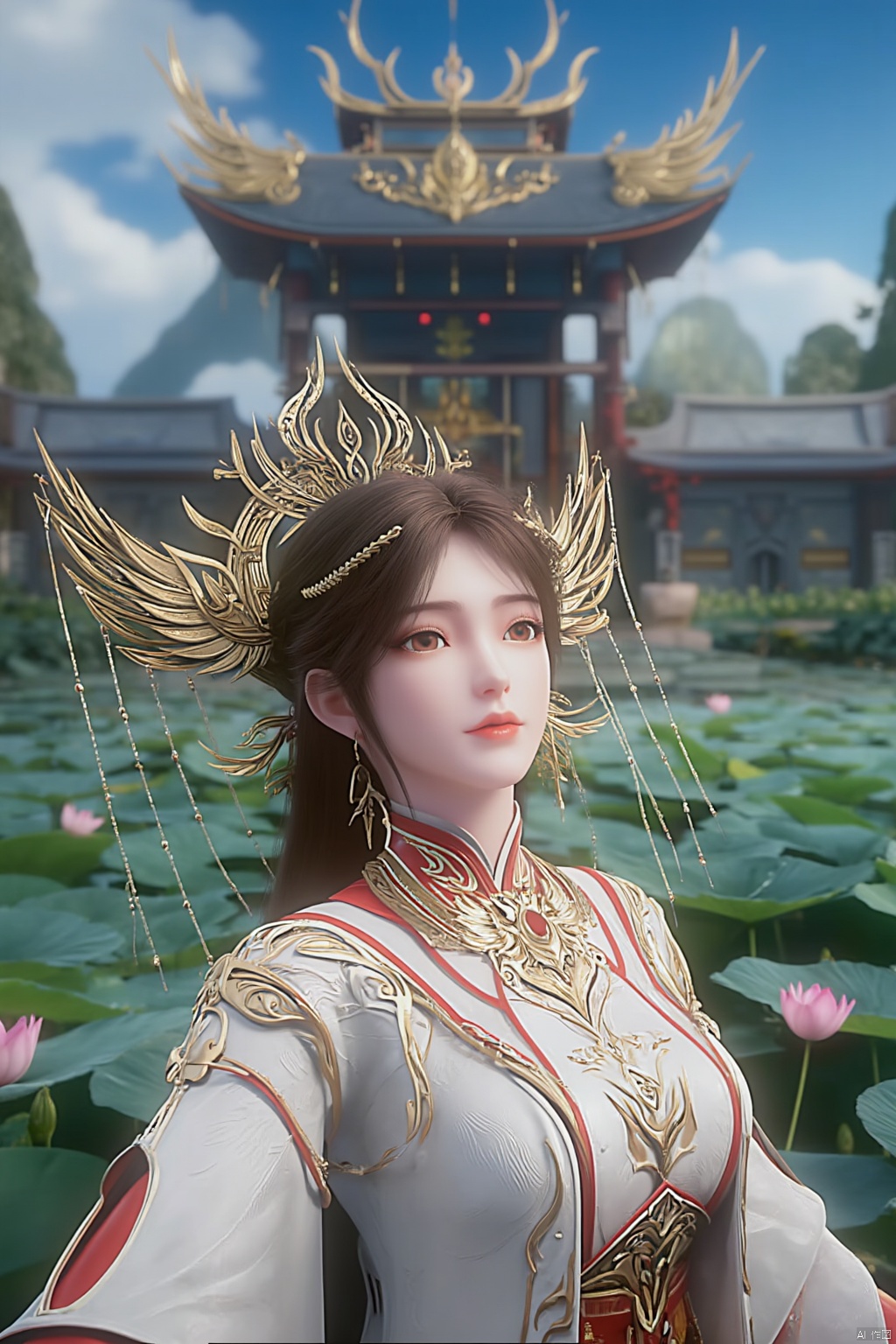 1girl, solo, breasts, looking at viewer, brown hair, black hair, hair ornament, dress, cleavage, jewelry, big breasts, upper body, earrings, parted lips, chinese clothes,Xdajisi,(Lotus, lotus pond, ancient Chinese architecture, blue sky and white clouds:1.29),,XhuolingerXjinpinger,Xluxueqi,Xtifa,Xyuanyao,Xhuijin