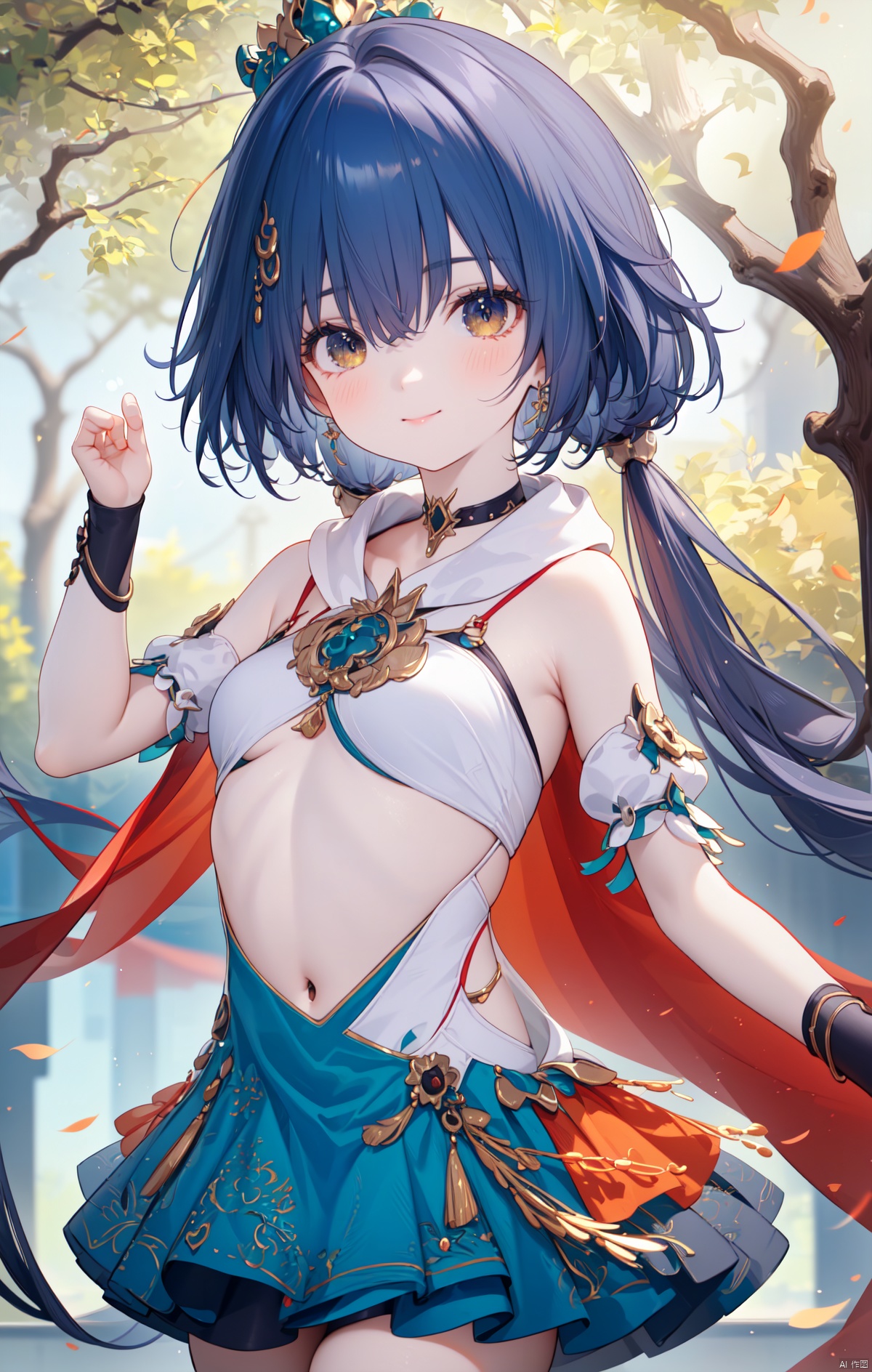 (score_9,score_8_up,score_7_up), (masterpiece),( beautiful),(high quality),(finely detailed),extremely detailed CG unity 8k wallpaper,best quality, 1girl, solo, long hair, breasts, looking at viewer, blush, bangs, skirt, hair ornament, navel, holding, hair between eyes, bare shoulders, twintails, jewelry, very long hair, closed mouth, blue hair, yellow eyes, cowboy shot, small breasts, sleeveless, choker, armpits, green skirt, white skirt,  detached sleeves, black hair, red cape, yunliSR,smile