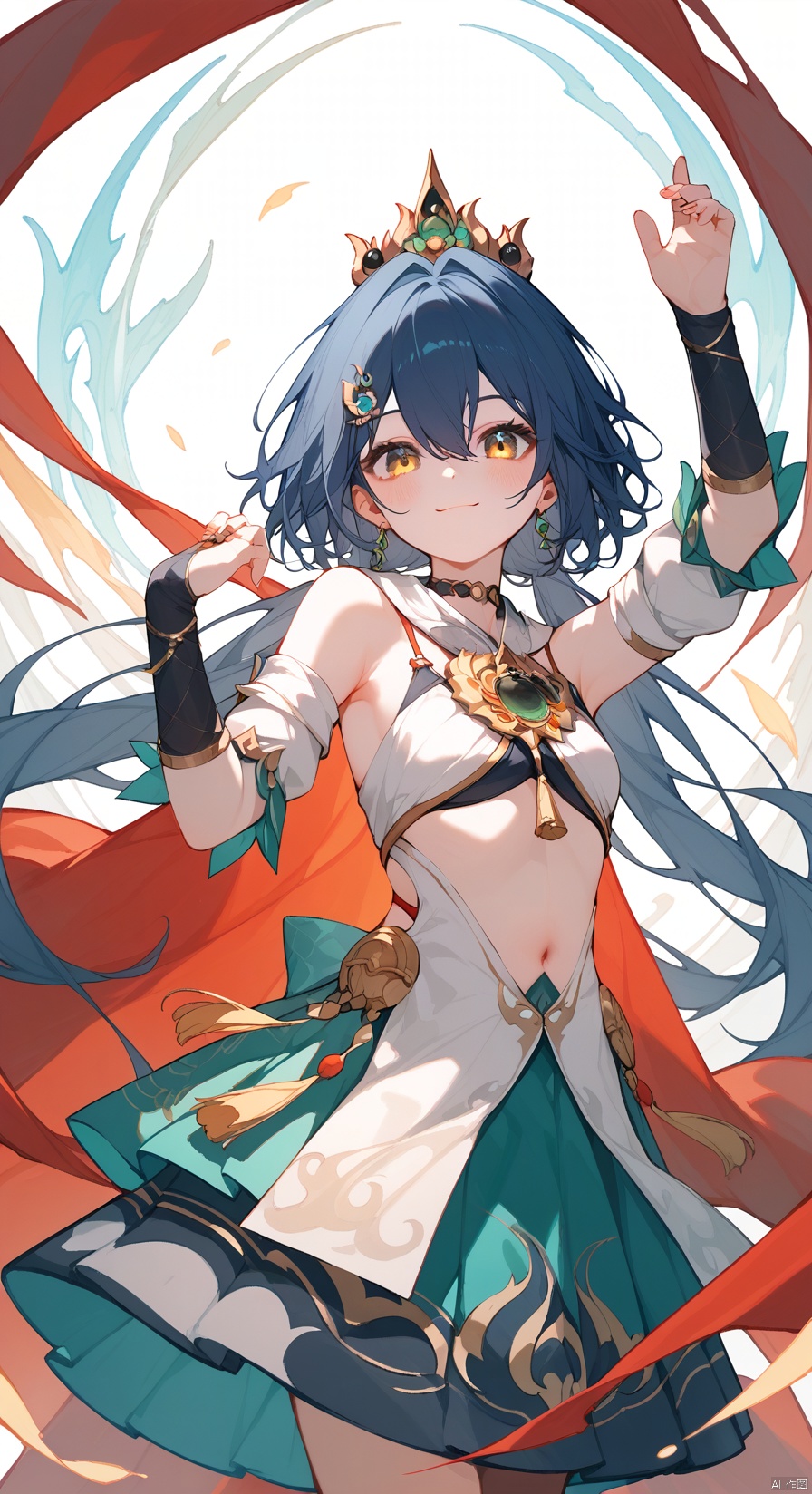 (score_9,score_8_up,score_7_up), (masterpiece),( beautiful),(high quality),(finely detailed),extremely detailed CG unity 8k wallpaper,best quality, 1girl, solo, long hair, breasts, looking at viewer, blush, bangs, skirt, hair ornament, navel, holding, hair between eyes, bare shoulders, twintails, jewelry, very long hair, closed mouth, blue hair, yellow eyes, cowboy shot, small breasts, sleeveless, choker, armpits, green skirt, white skirt,  detached sleeves, navel, black hair, red cape, yunliSR,smile
