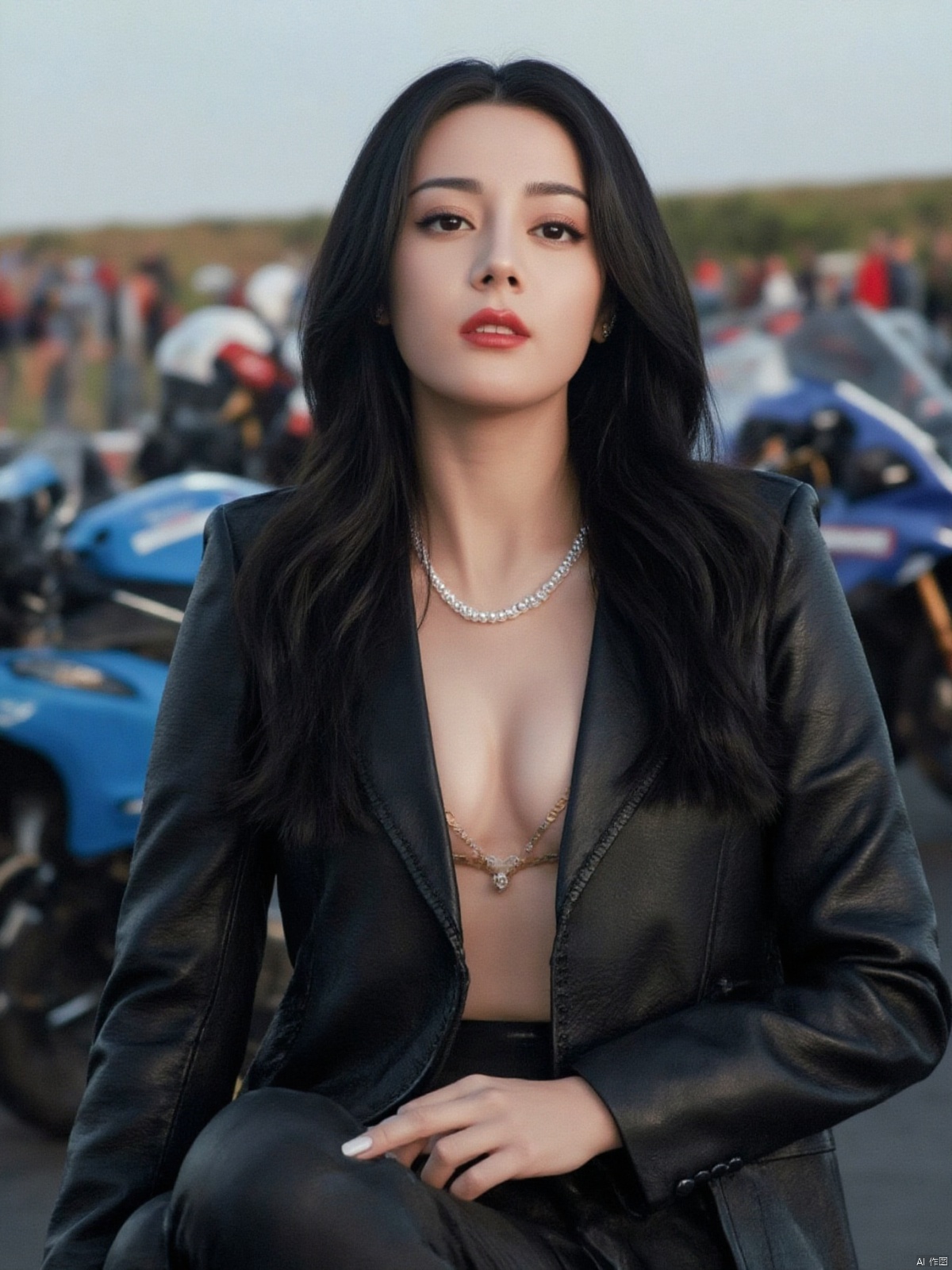 A beautiful girl with black hair,short hair draped over her shoulders,sitting on a motorcycle facing the audience, wearing an E-cup, breast and chest, deep V-neck, deep chest groove, belly button, mature figure, smooth skin, wearing a black leather jacket, black ultra short leather pants, black leather boots, luxury motorcycles,  branded motorcycles,  participating motorcycles, race track background, panoramic view, full body portrait, master's work, high resolution, detail enhancement, super realistic, fashionable and beautiful, professional woman, very white skin, bright eyes, long legs, wearing pearl necklace, bright, five per hand Fingers, super detailed, 4k,juru2