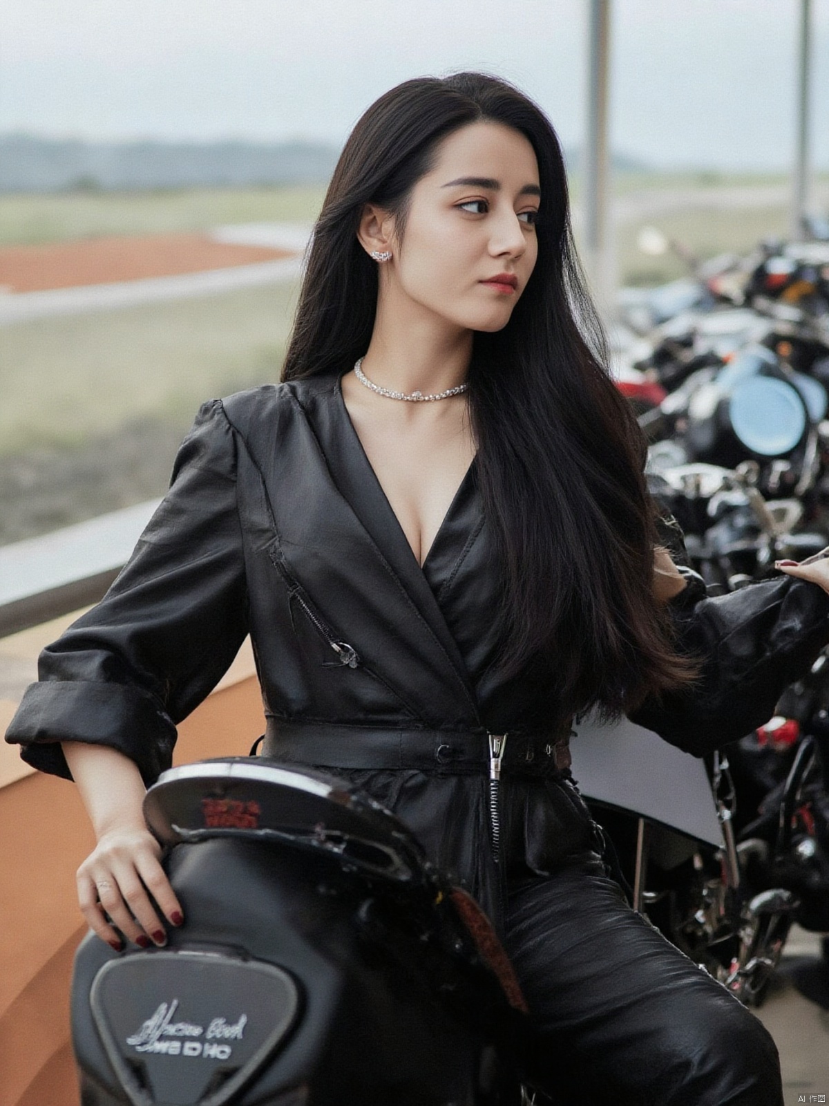 A beautiful girl with black hair,short hair draped over her shoulders,sitting on a motorcycle facing the audience, wearing an E-cup, breast and chest, deep V-neck, deep chest groove, belly button, mature figure, smooth skin, wearing a black leather jacket, black ultra short leather pants, black leather boots, luxury motorcycles,  branded motorcycles,  participating motorcycles, race track background, panoramic view, full body portrait, master's work, high resolution, detail enhancement, super realistic, fashionable and beautiful, professional woman, very white skin, bright eyes, long legs, wearing pearl necklace, bright, five per hand Fingers, super detailed, 4k,juru2