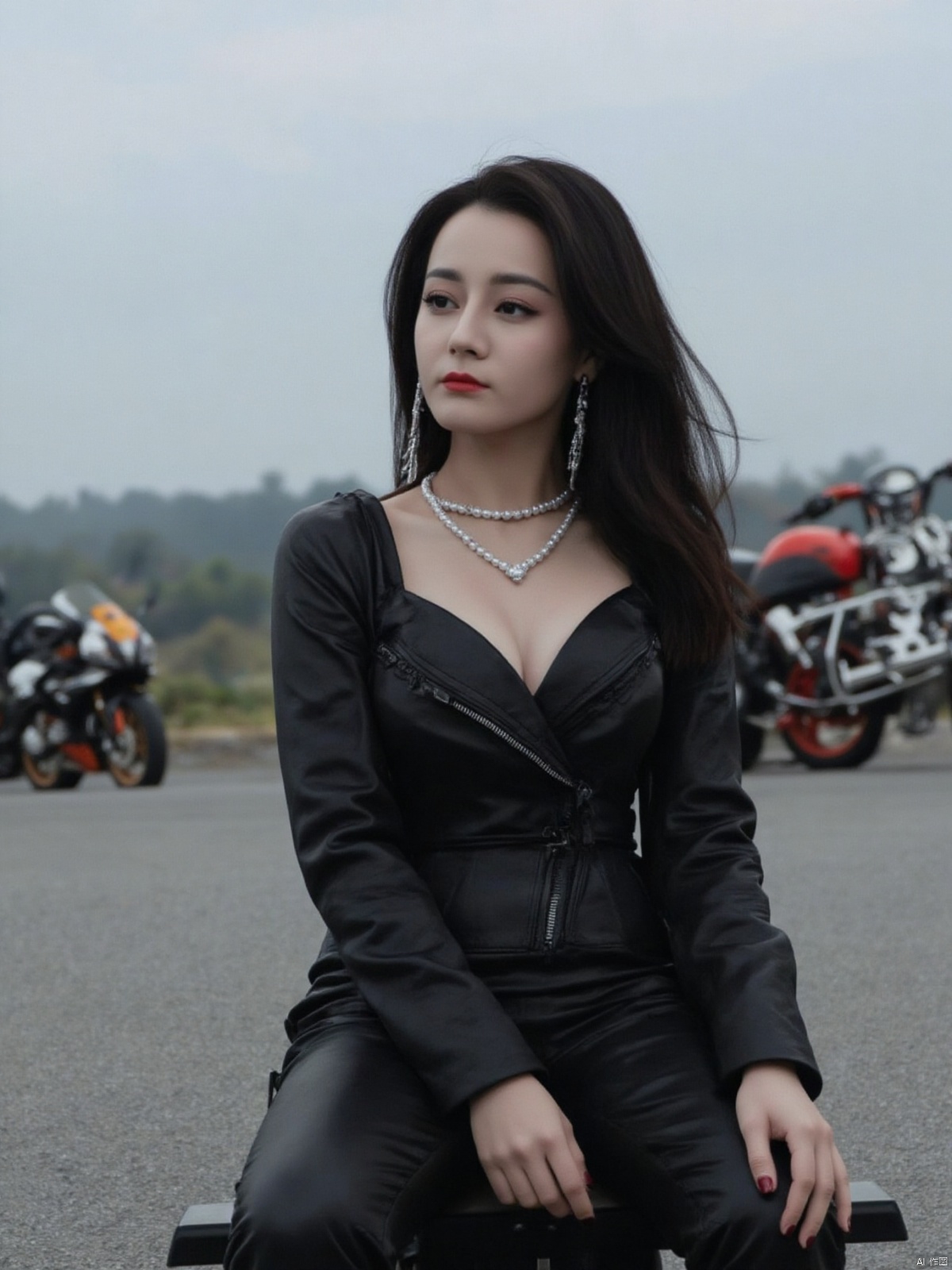 A beautiful girl with black hair,short hair draped over her shoulders,sitting on a motorcycle facing the audience, wearing an E-cup, breast and chest, deep V-neck, deep chest groove, belly button, mature figure, smooth skin, wearing a black leather jacket, black ultra short leather pants, black leather boots, luxury motorcycles,  branded motorcycles,  participating motorcycles, race track background, panoramic view, full body portrait, master's work, high resolution, detail enhancement, super realistic, fashionable and beautiful, professional woman, very white skin, bright eyes, long legs, wearing pearl necklace, bright, five per hand Fingers, super detailed, 4k,juru2