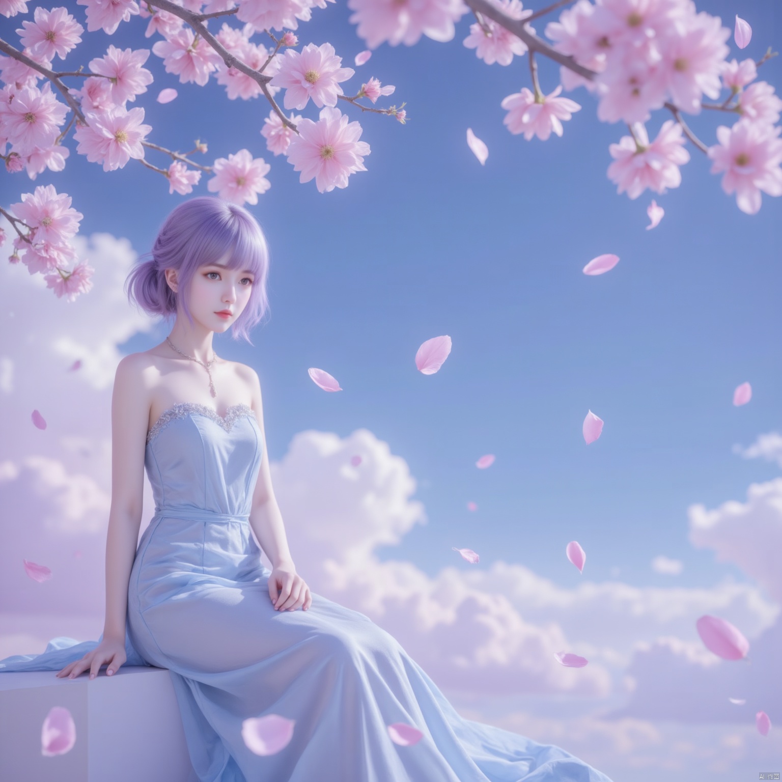 1girl, purple hair, Wrap the chest,begonia petals floating all over the sky,AFLY,Micro Rain Haitang,1girl,white hair,eyes_closed,curvy,elegant full-body sitting posture,begonia flower branch,blue white pink long dress,transparent long dress,