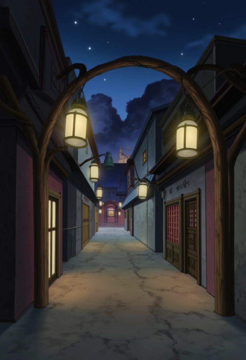 A quiet alleyway in Konohagakure from the Naruto series,  illuminated by soft,  warm lanterns hanging from wooden beams ab...