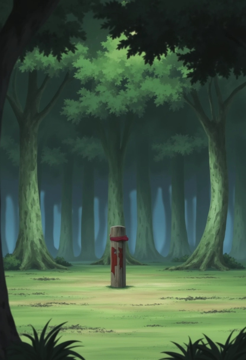 A training ground deep within the forests of Konohagakure from the Naruto series. The clearing is surrounded by tall trees...
