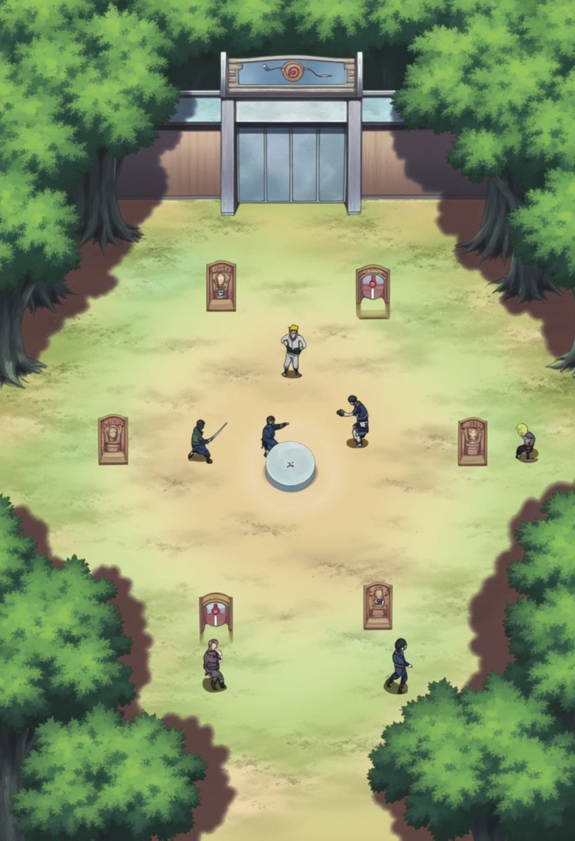 A bustling training ground within Konohagakure from the Naruto series,  where ninja of all ages practice their skills. The...