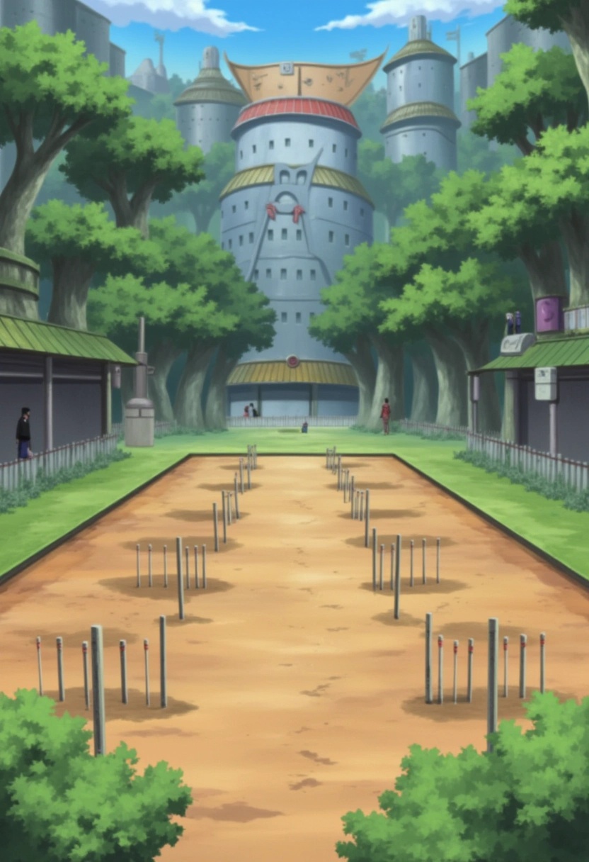 A secluded training ground on the outskirts of Konohagakure from the Naruto series,  surrounded by towering cliffs and lus...