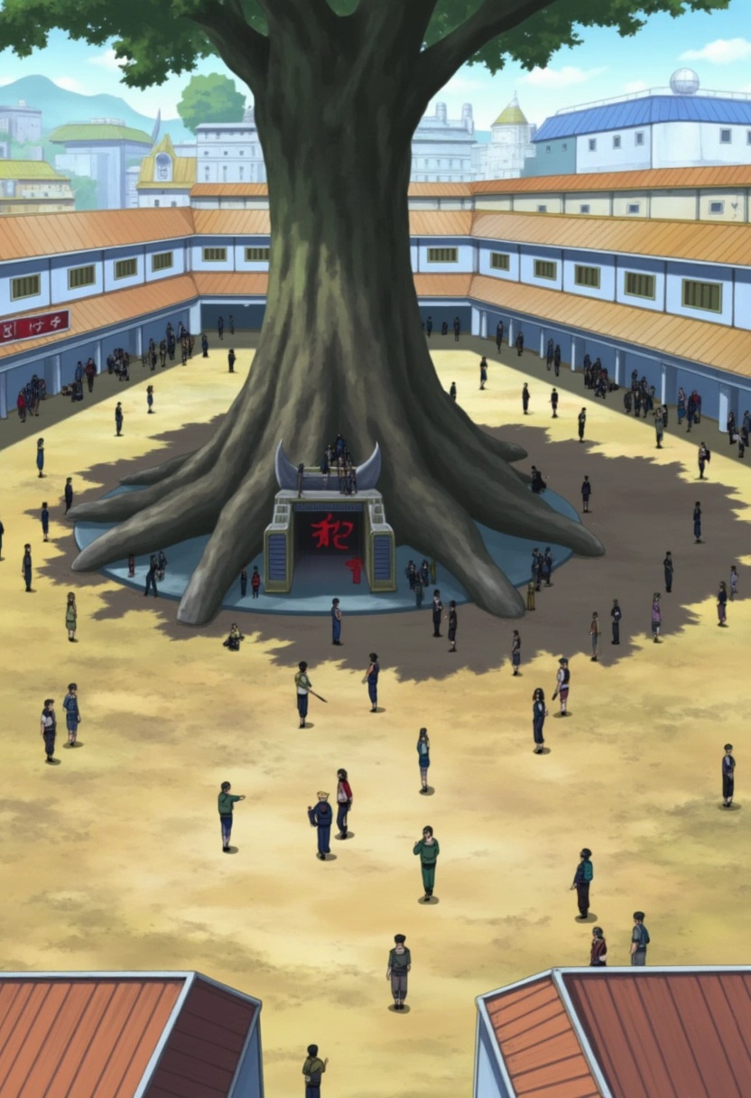 A busy training academy courtyard in Konohagakure from the Naruto series,  filled with young ninjas practicing their techn...