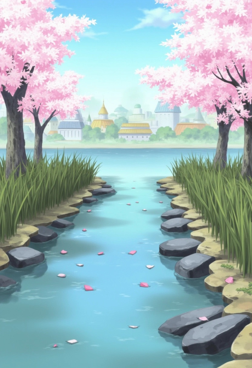 A peaceful riverbank at the edge of Konohagakure from the Naruto series,  where clear water flows gently over smooth stone...