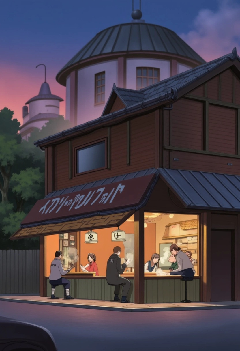 A small ramen shop in the heart of Konohagakure from the Naruto series,  tucked away on a quiet street corner. The cozy wo...