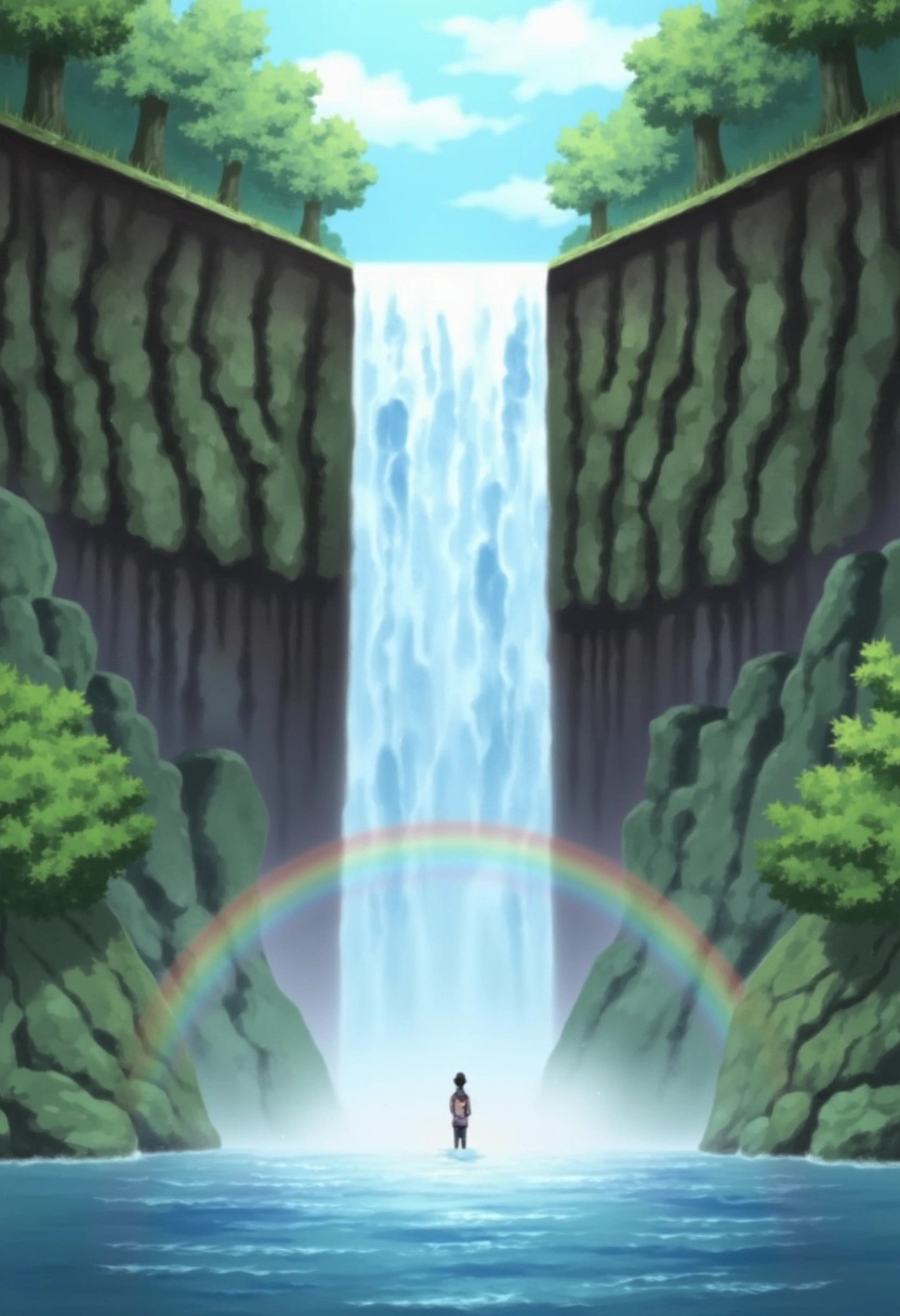 A scenic waterfall just outside Konohagakure from the Naruto series,  cascading down from towering cliffs into a serene po...