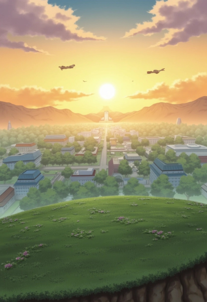 A windswept hilltop on the outskirts of Konohagakure from the Naruto series,  overlooking the village below. The grassy hi...