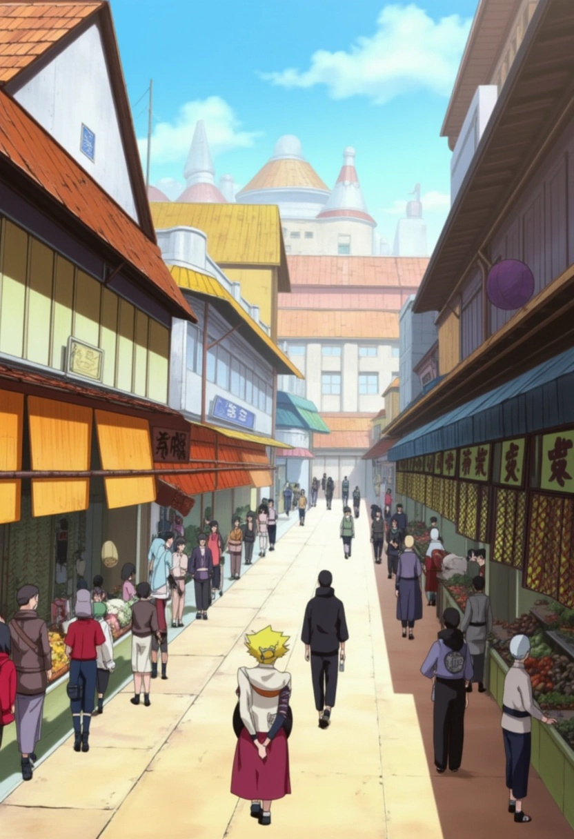 A bustling marketplace in Konohagakure from the Naruto series,  with villagers going about their day. Stalls are lined wit...