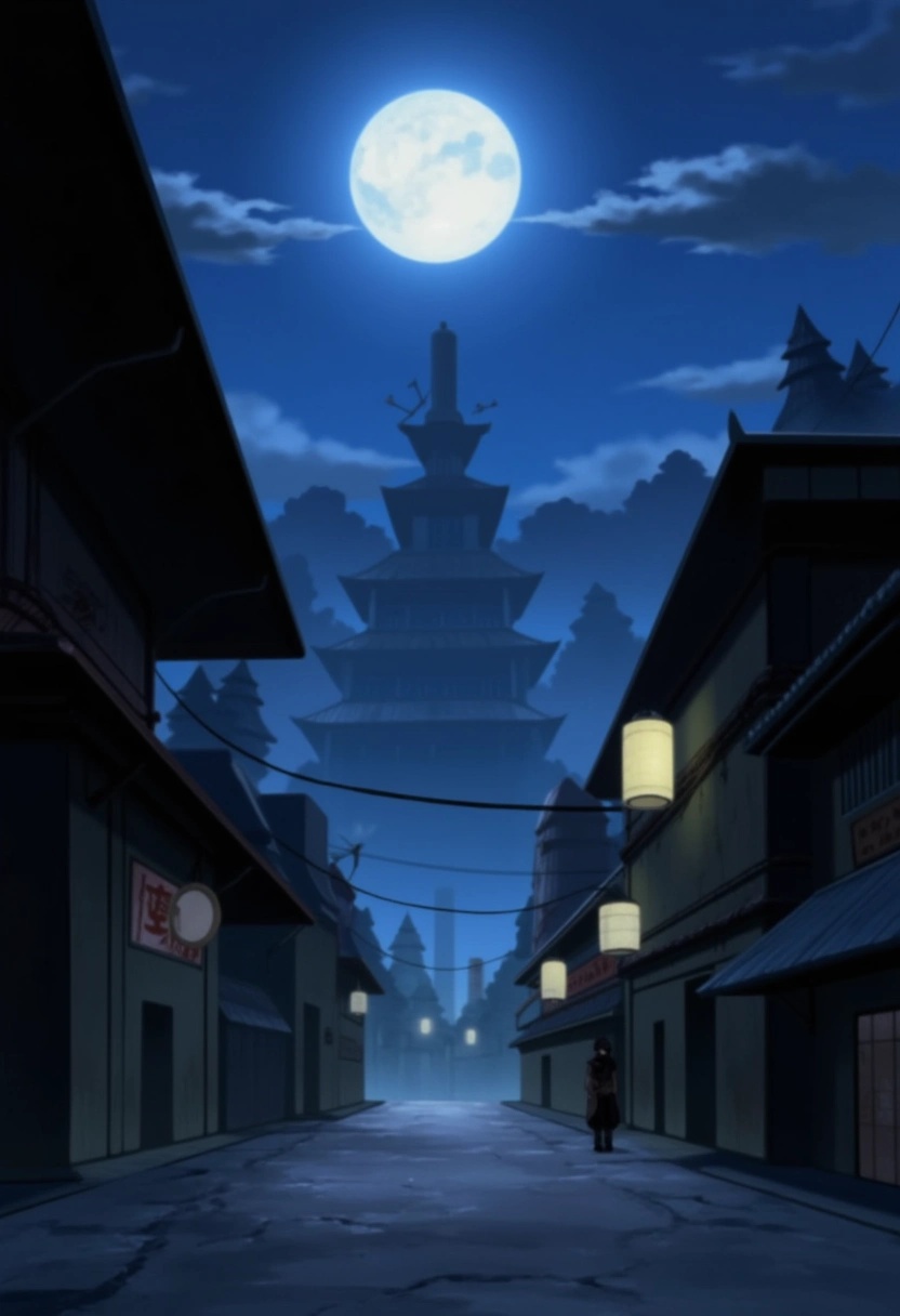 A moonlit night in Konohagakure from the Naruto series,  with the full moon casting a soft,  silvery light over the villag...
