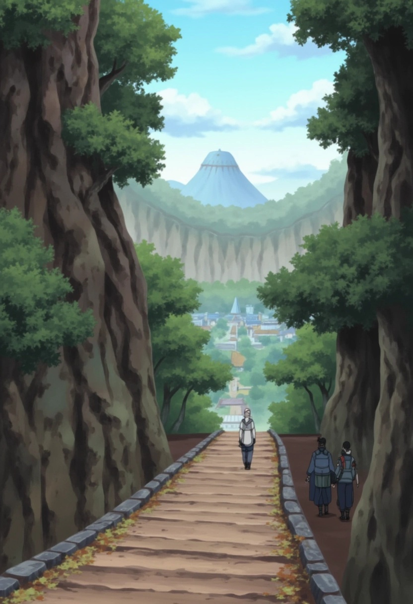 A secluded mountain trail leading to Konohagakure from the Naruto series,  winding its way through jagged cliffs and dense...