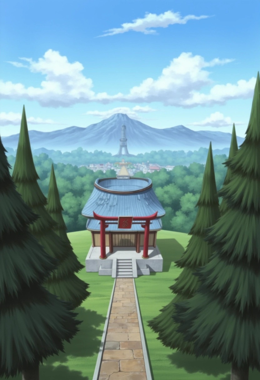 A mountaintop shrine overlooking Konohagakure from the Naruto series,  with a breathtaking view of the village below. The...