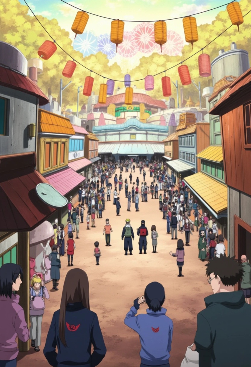 A lively festival in Konohagakure from the Naruto series,  with colorful banners and paper lanterns strung across the stre...