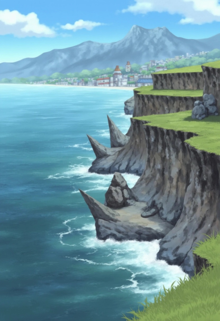 A windswept cliffside overlooking the ocean near Konohagakure from the Naruto series. The cliff is dotted with patches of...