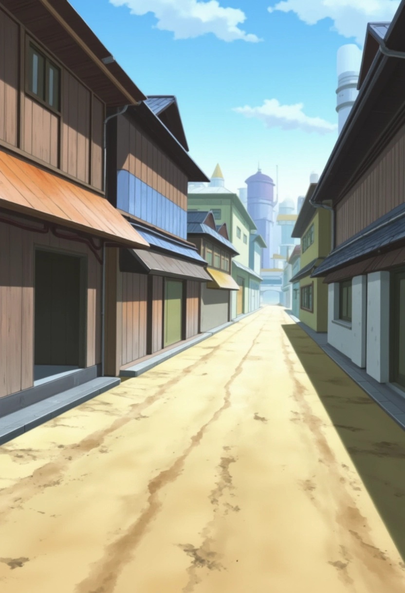 A peaceful,  narrow street in the Hidden Leaf Village,  with traditional Japanese buildings on either side. The sandy road...