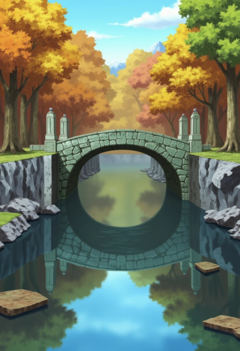 An ancient stone bridge in Konohagakure from the Naruto series,  spanning a calm river that reflects the vibrant colors of...