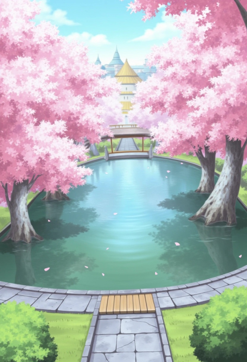 A tranquil pond in the heart of Konohagakure from the Naruto series,  surrounded by cherry blossom trees in full bloom. Th...