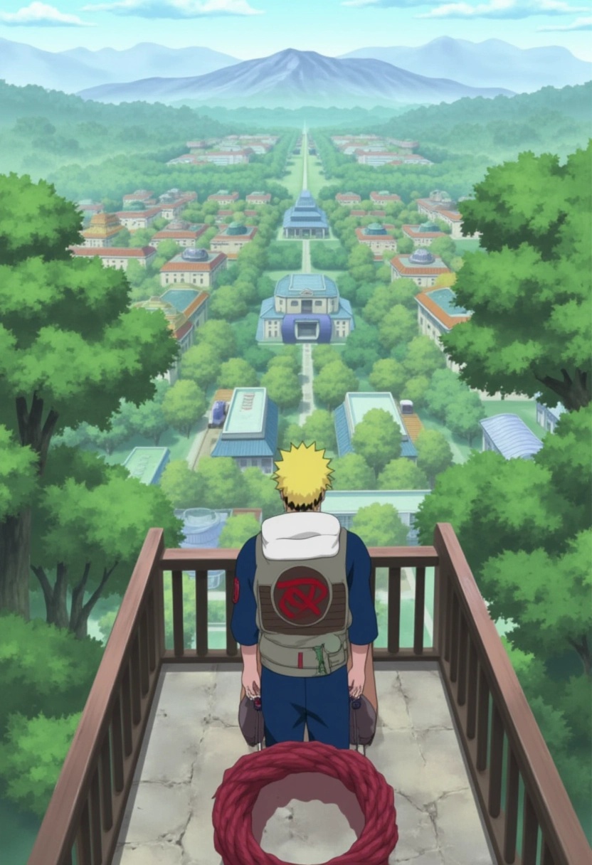 A scenic view from the top of Hokage Rock in the Naruto series,  overlooking the sprawling Hidden Leaf Village. The villag...