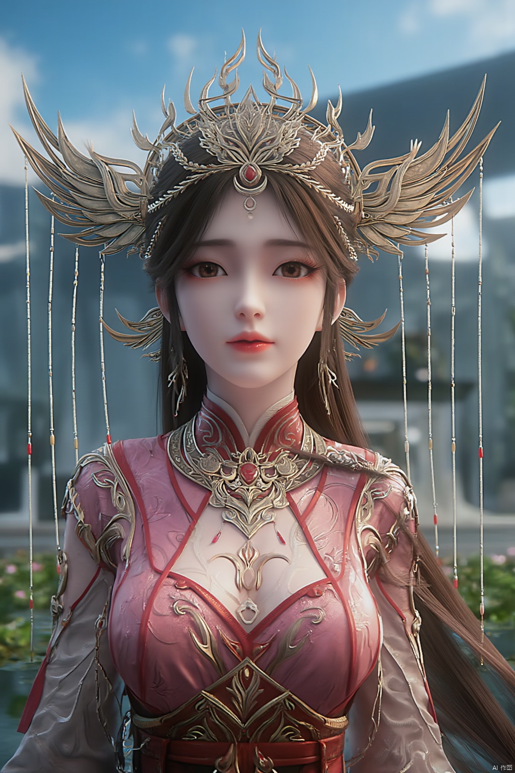 1girl, solo, breasts, looking at viewer, brown hair, black hair, hair ornament, dress, cleavage, jewelry, big breasts, upper body, earrings, parted lips, chinese clothes,Xdajisi,(Lotus, lotus pond, ancient Chinese architecture, blue sky and white clouds:1.29),,XhuolingerXjinpinger,Xluxueqi,Xtifa,Xyuanyao,Xhuijin