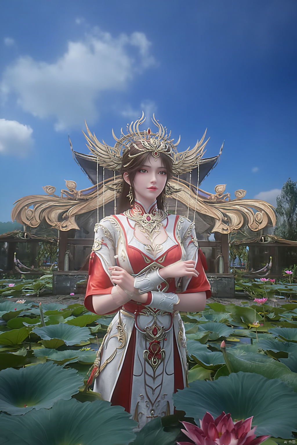 1girl, solo, breasts, looking at viewer, brown hair, black hair, hair ornament, dress, cleavage, jewelry, big breasts, upper body, earrings, parted lips, chinese clothes,Xdajisi,(Lotus, lotus pond, ancient Chinese architecture, blue sky and white clouds:1.29),,XhuolingerXjinpinger,Xluxueqi,Xtifa,Xyuanyao,Xhuijin