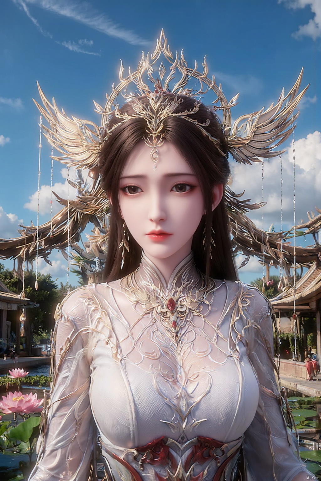 1girl, solo, breasts, looking at viewer, brown hair, black hair, hair ornament, dress, cleavage, jewelry, big breasts, upper body, earrings, parted lips, chinese clothes,Xdajisi,(Lotus, lotus pond, ancient Chinese architecture, blue sky and white clouds:1.29),,XhuolingerXjinpinger,Xluxueqi,Xtifa,Xyuanyao,Xhuijin