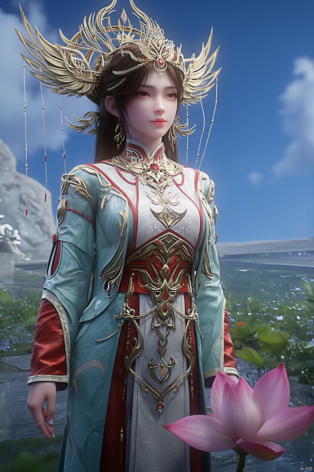 1girl, solo, breasts, looking at viewer, brown hair, black hair, hair ornament, dress, cleavage, jewelry, big breasts, upper body, earrings, parted lips, chinese clothes,Xdajisi,(Lotus, lotus pond, ancient Chinese architecture, blue sky and white clouds:1.29),,XhuolingerXjinpinger,Xluxueqi,Xtifa,Xyuanyao,Xhuijin
