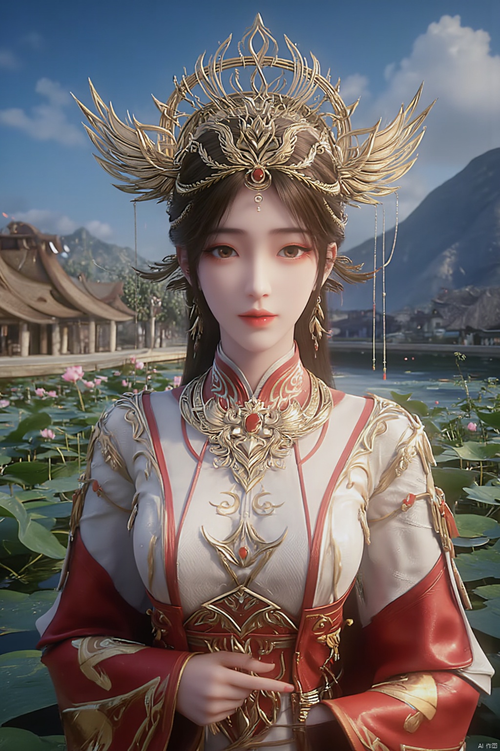 1girl, solo, breasts, looking at viewer, brown hair, black hair, hair ornament, dress, cleavage, jewelry, big breasts, upper body, earrings, parted lips, chinese clothes,Xdajisi,(Lotus, lotus pond, ancient Chinese architecture, blue sky and white clouds:1.29),,XhuolingerXjinpinger,Xluxueqi,Xtifa,Xyuanyao,Xhuijin