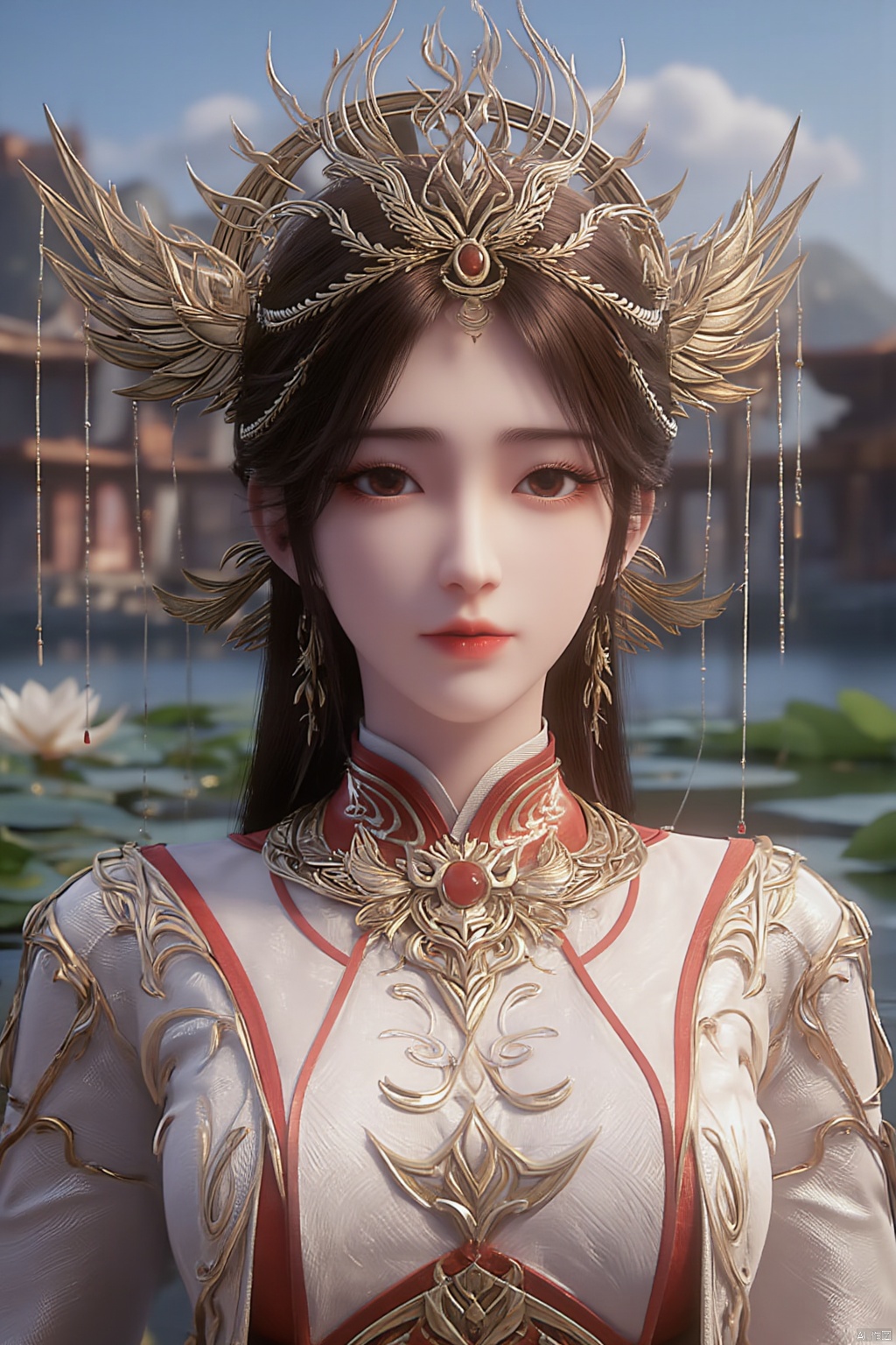 1girl, solo, breasts, looking at viewer, brown hair, black hair, hair ornament, dress, cleavage, jewelry, big breasts, upper body, earrings, parted lips, chinese clothes,Xdajisi,(Lotus, lotus pond, ancient Chinese architecture, blue sky and white clouds:1.29),,XhuolingerXjinpinger,Xluxueqi,Xtifa,Xyuanyao,Xhuijin