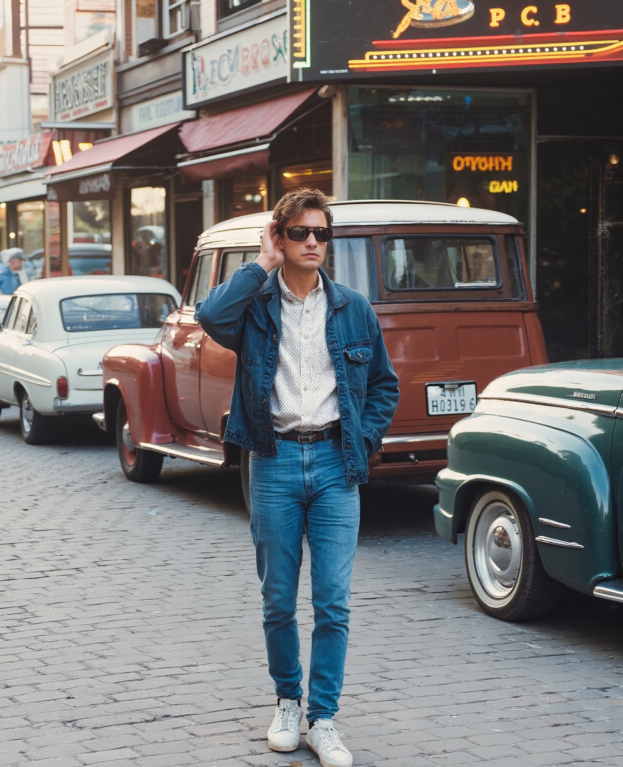 retro style,  Captured at eye-level,  a man stands on a cobblestone street on Tensor.Art