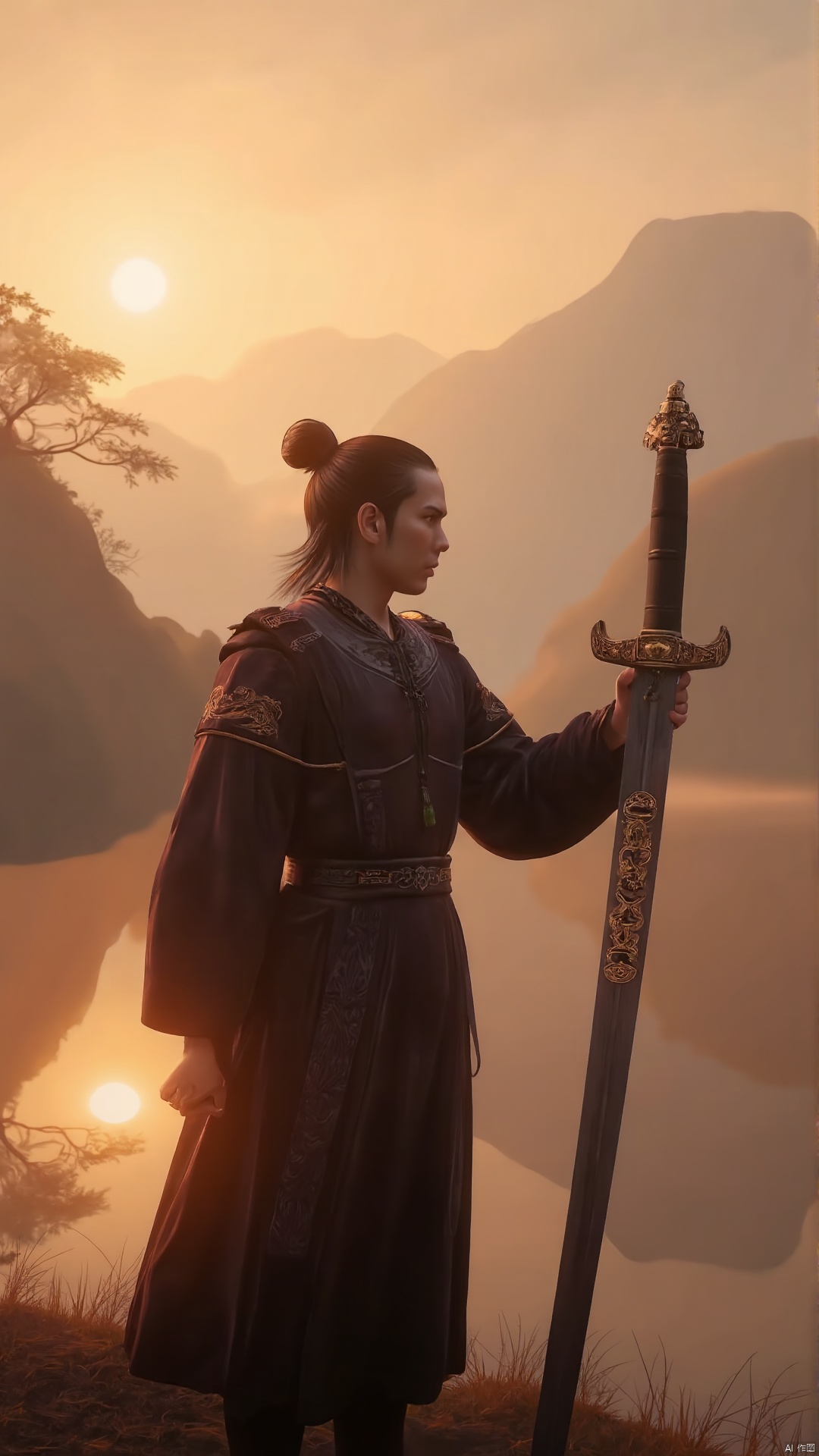 A misty mountain sunrise casts a warm glow on a lone swordsman, dressed in traditional Chinese garb, standing at the edge of a serene lake. He holds his ancient sword, '古风剑', vertically in front of him, its intricately carved hilt reflecting the golden light as he gazes out at the tranquil scenery, his expression contemplative.