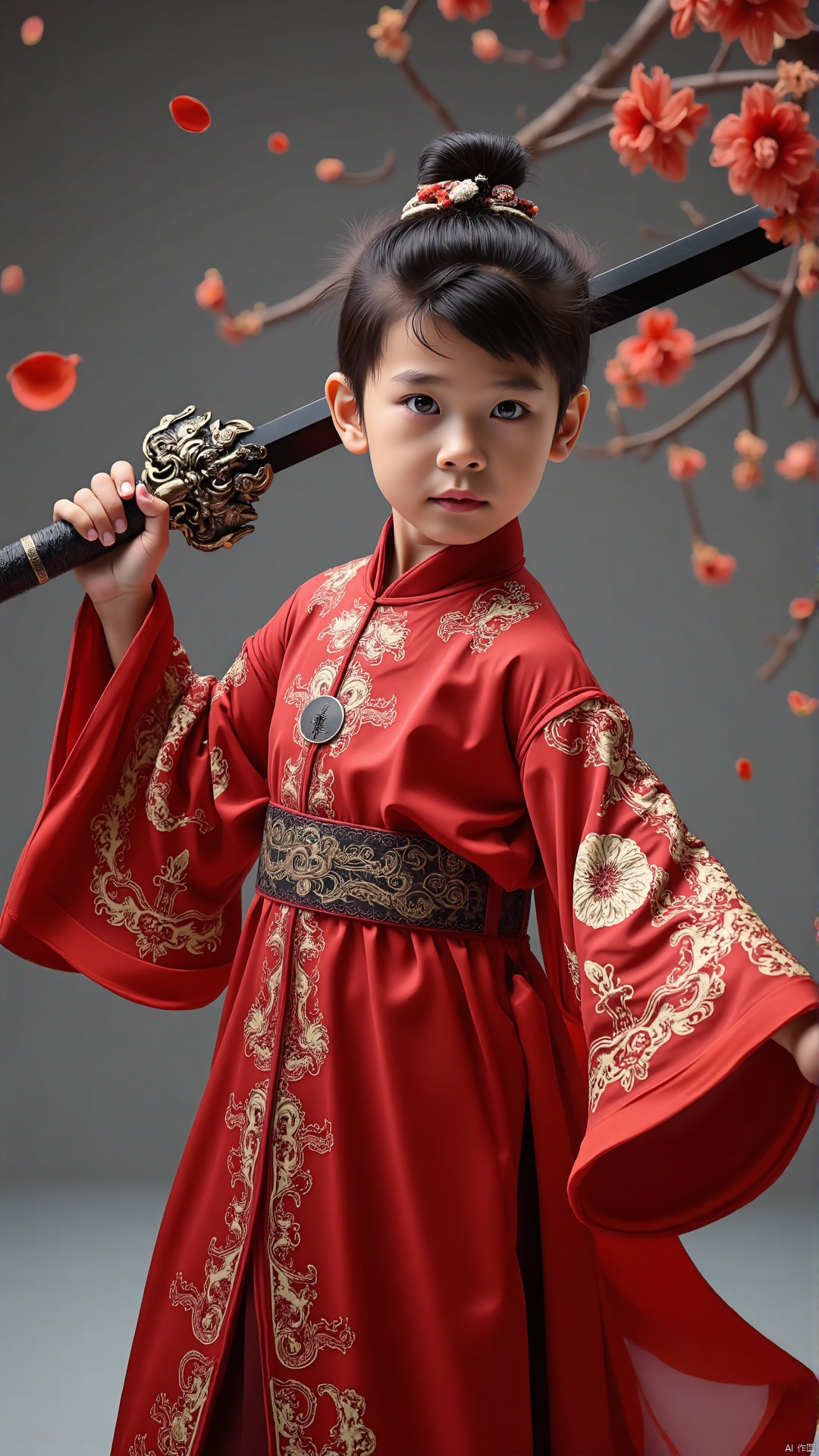 A boy, waving an ancient sword, Chinese Hanfu, handsome and attractive