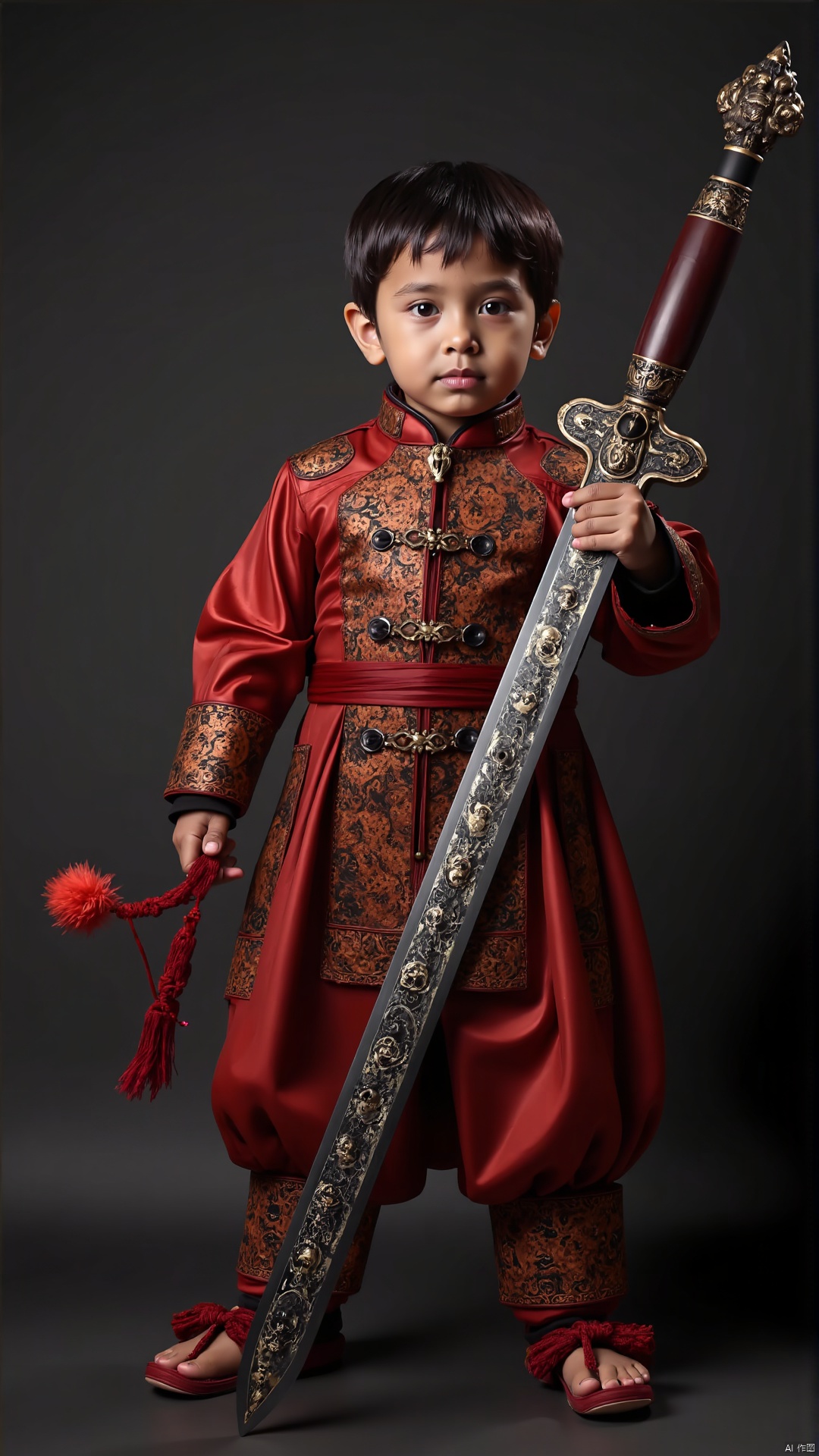 A boy holds an ancient Chinese style sword