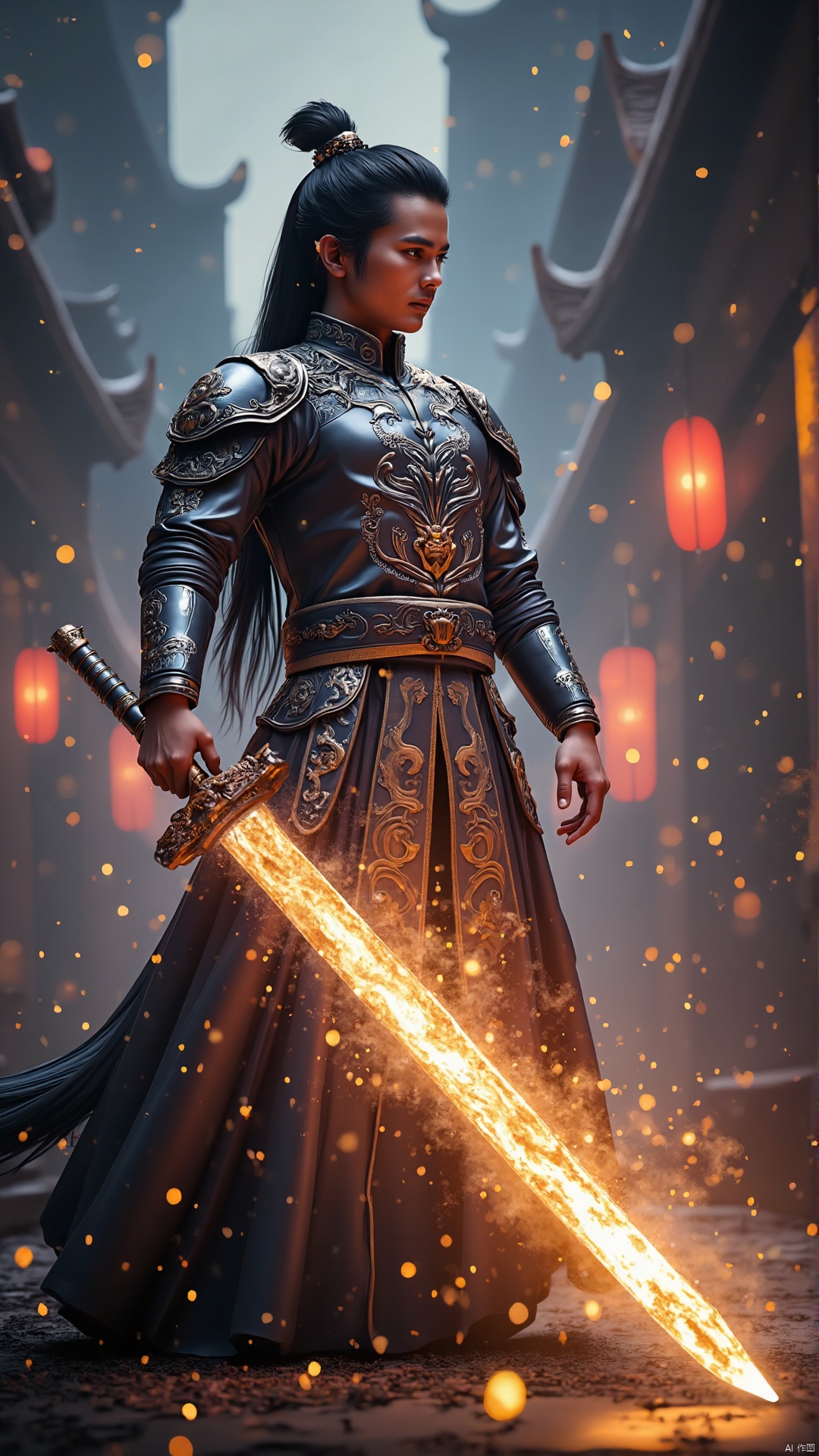 sword, Longquan swordA handsome Chinese young man dressed in silver science fiction armor,holding a luminous sword,exquisite five palaces,perfect face,(sword in hand golden lightning effect 1.3) cyberpunk style,night,cyberpunk city,good perspective lens,perfect back,perfect sword,masterpiece,best quality,8k super realistic,3D rendering,< Dream Tech XL | dream building industry XL, zhumeng Industry | Yujian Longyin XL>,A handsome Chinese young man,Summoning A glowing transparent Chinese Dragon,