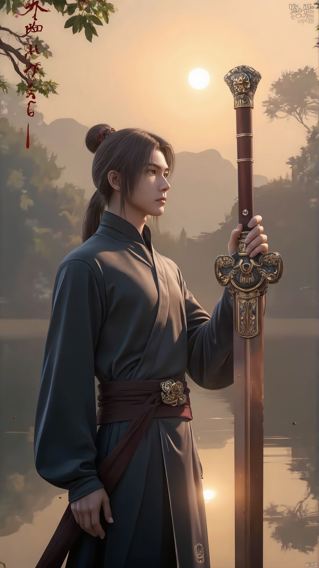 A misty mountain sunrise casts a warm glow on a lone swordsman, dressed in traditional Chinese garb, standing at the edge of a serene lake. He holds his ancient sword, '古风剑', vertically in front of him, its intricately carved hilt reflecting the golden light as he gazes out at the tranquil scenery, his expression contemplative.