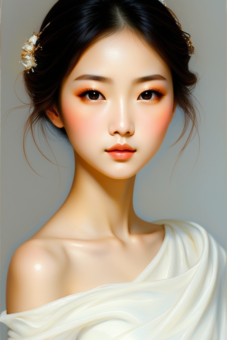 "Create a close-up painting of a stunning Asian woman dressed in an elegant white dress. The painting showcases a high lev...
