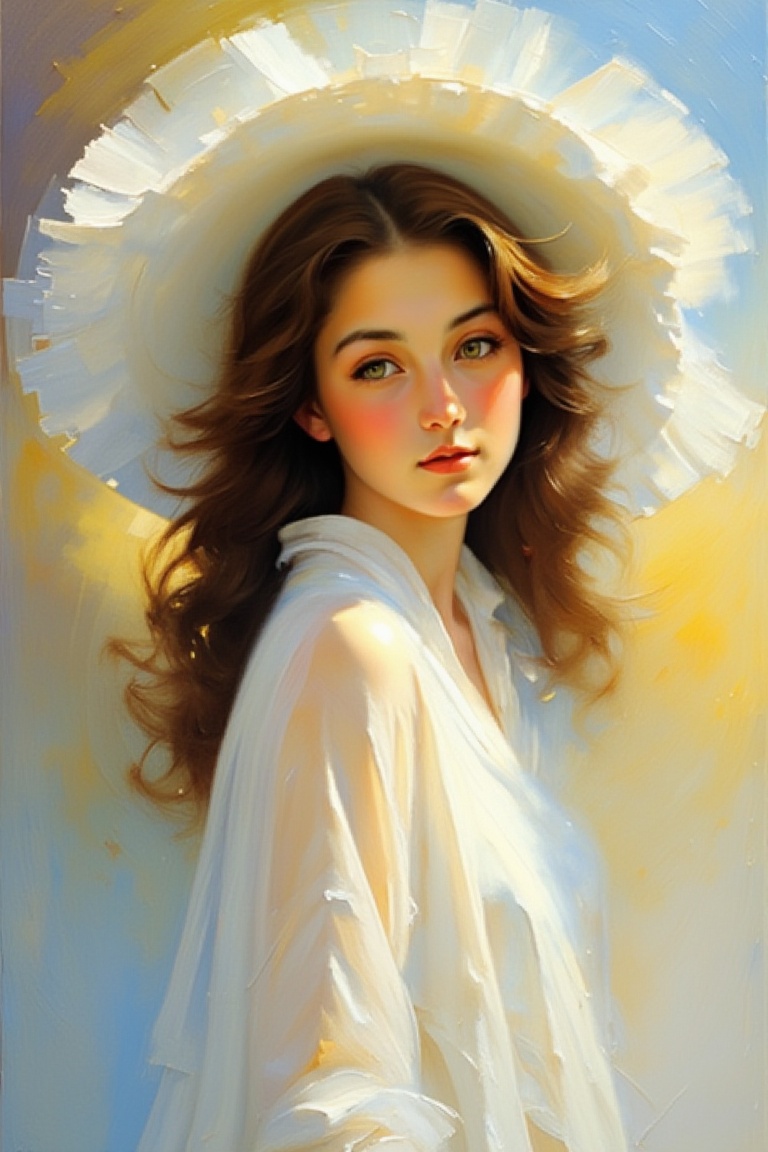 "A fine art oil painting in the style of Impressionism and Frank Weston Benson,  depicting a young woman with long,  loose...