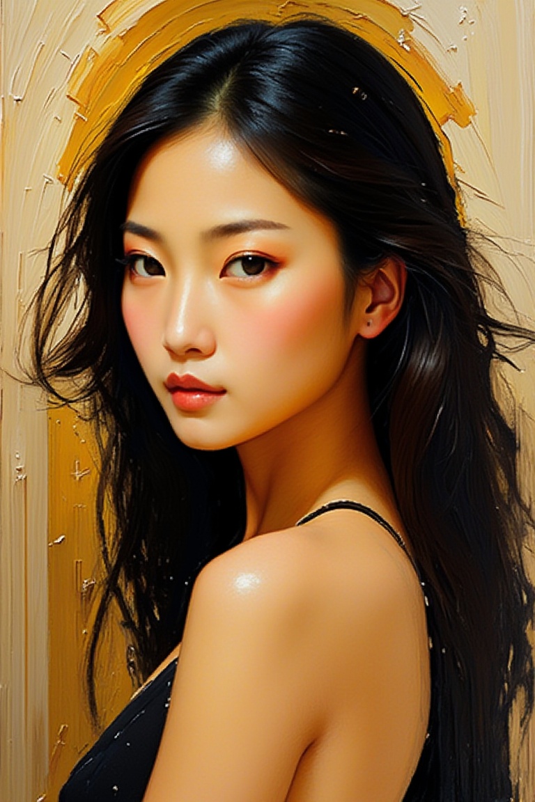 "Create a fine art oil painting of a tall,  slender,  and elegant Asian supermodel with long on Tensor.Art