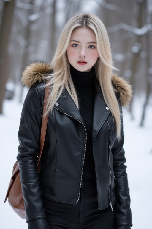 Captured at eye-level,  a blonde woman stands in a winter scene,  her hair cascades over her shoulders. She is dressed in...