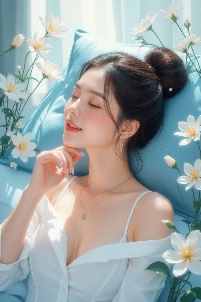 In a soft focus,  warm-toned 16k UHD illustration,  a woman's gentle smile brightens a serene environment bathed in calmin...