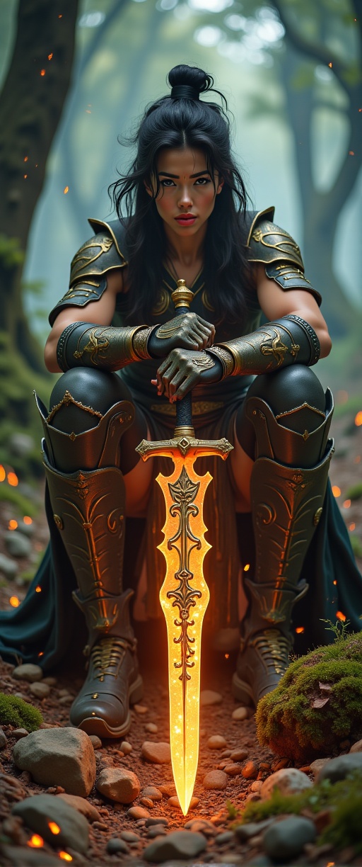 A fierce sexy japanese female warrior crouched low,  gripping a long,  ornate sword with both hands on Tensor.Art
