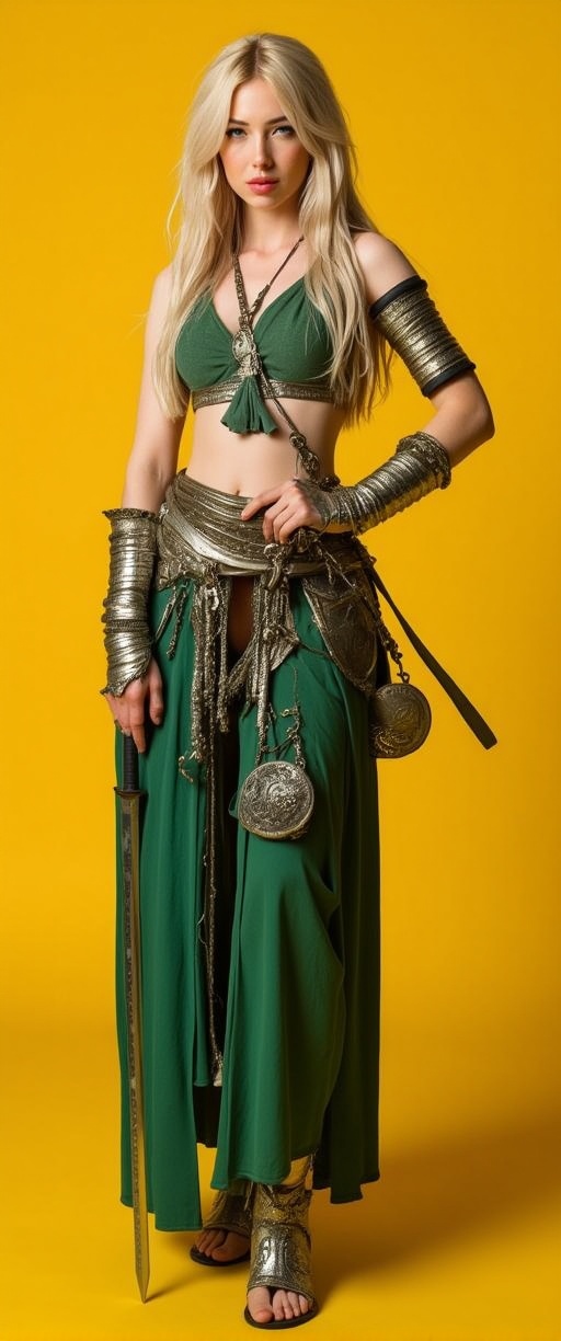 A masterpiece photograph shot on Canon EOS R6,  showcasing a woman dressed in a warrior costume is stunning. She is holdin...